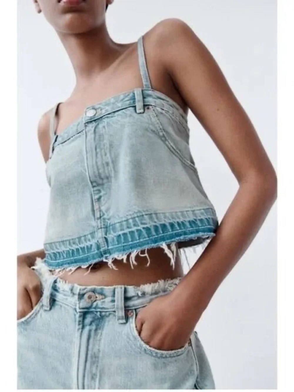 Zara Cropped Denim Frayed Tank Top Size M Blue - Picture 2 of 11